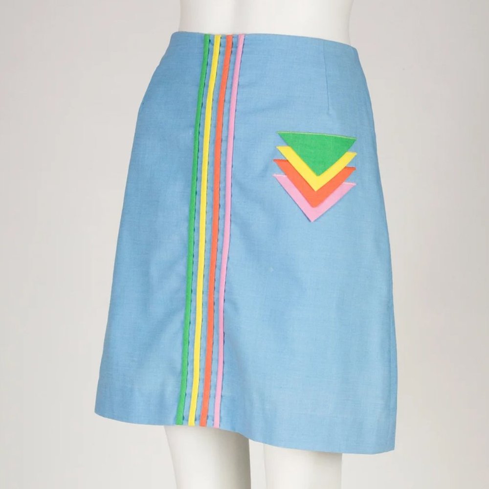Holt Renfrew 1960s Vintage Rainbow Stripe Baby Blue Mini Skort Sz XS S